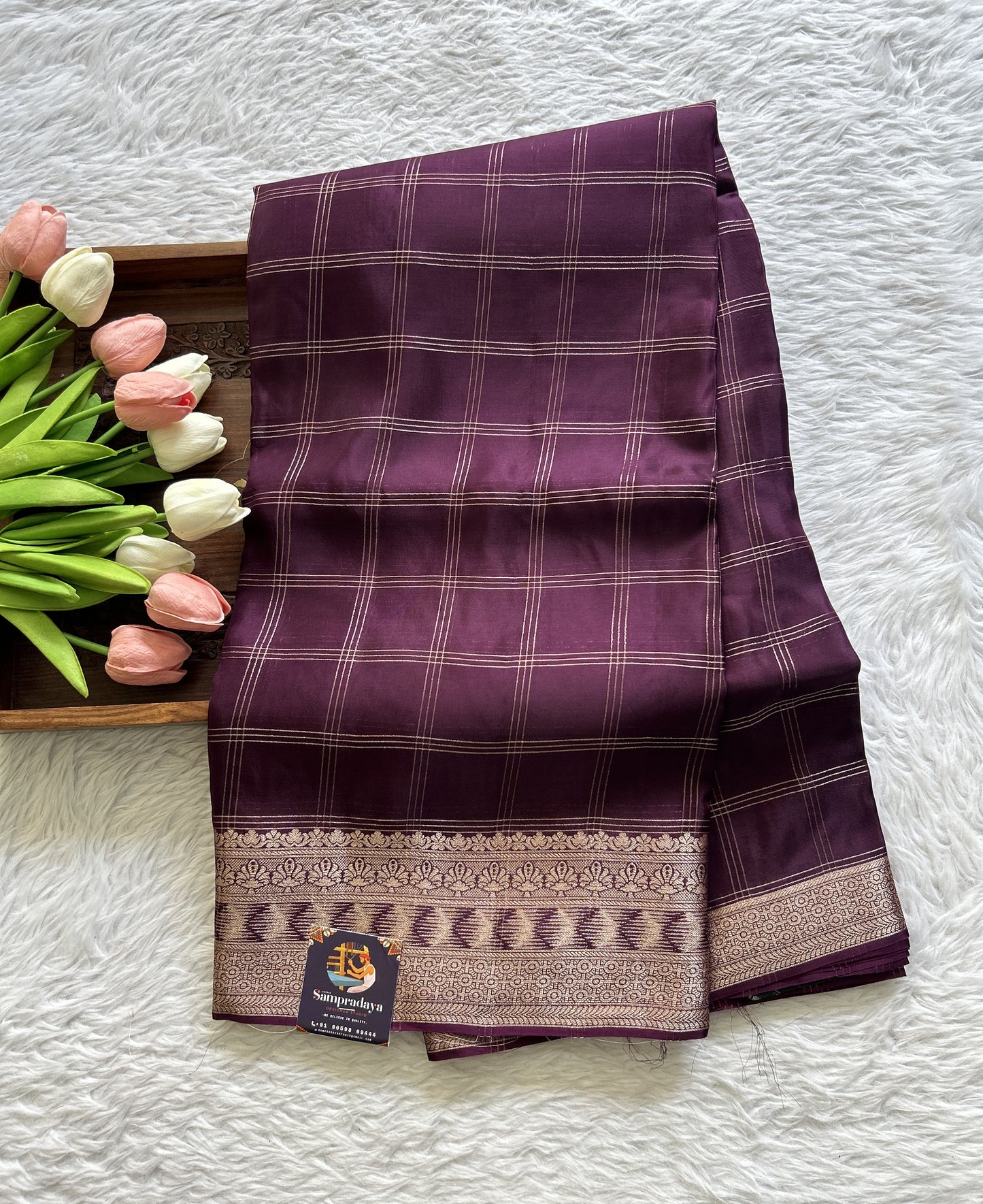 Satin Georgette Saree Brinjal Colored Complemented with a Zari Border. - Sampradaya Designer Studio