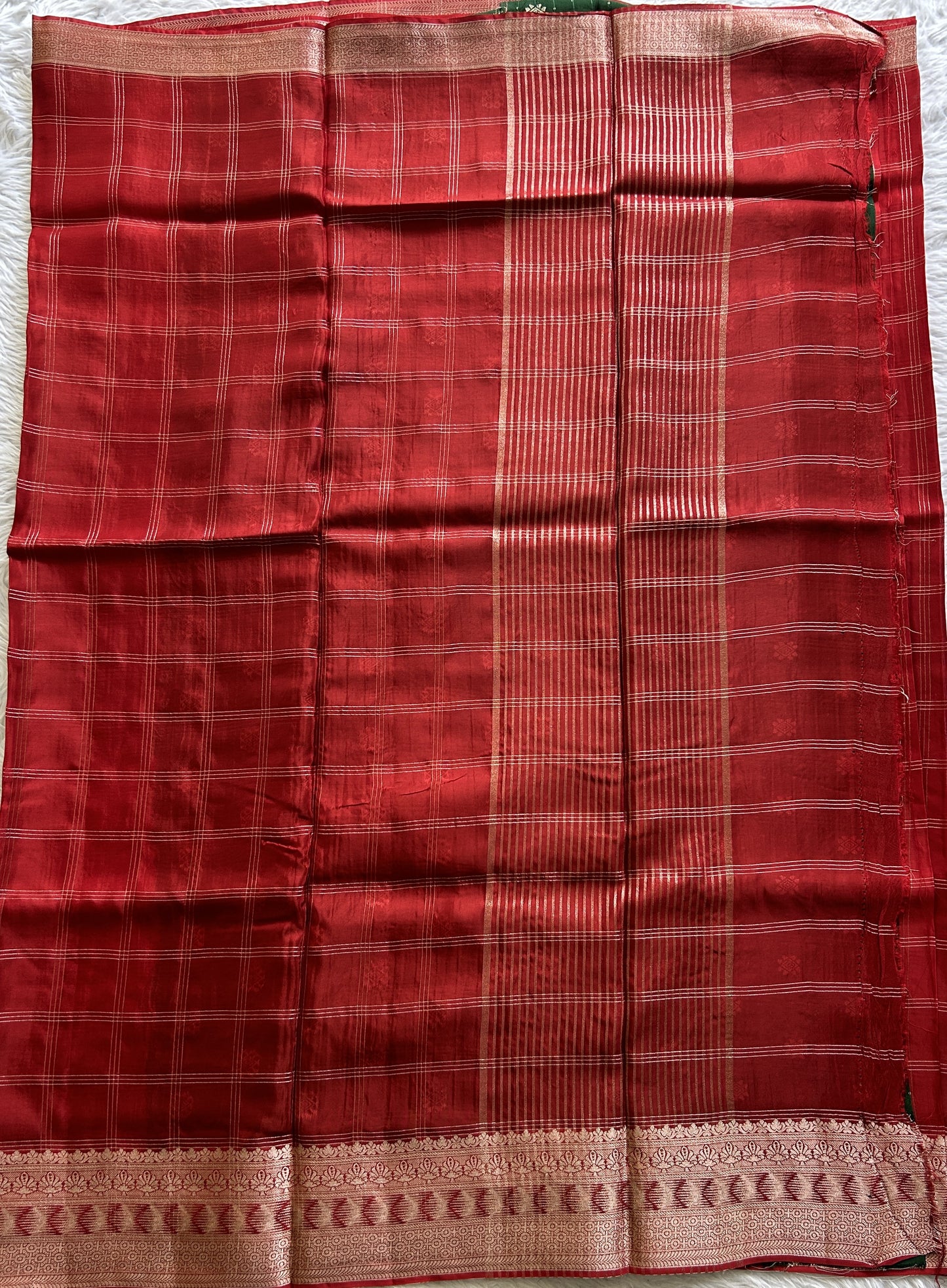 Satin Georgette Saree Red Colored Complemented with a Zari Border. - Sampradaya Designer Studio