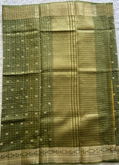 Semi Georgette Saree Olive Green Colored Complemented with a Zari Border. - Sampradaya Designer Studio