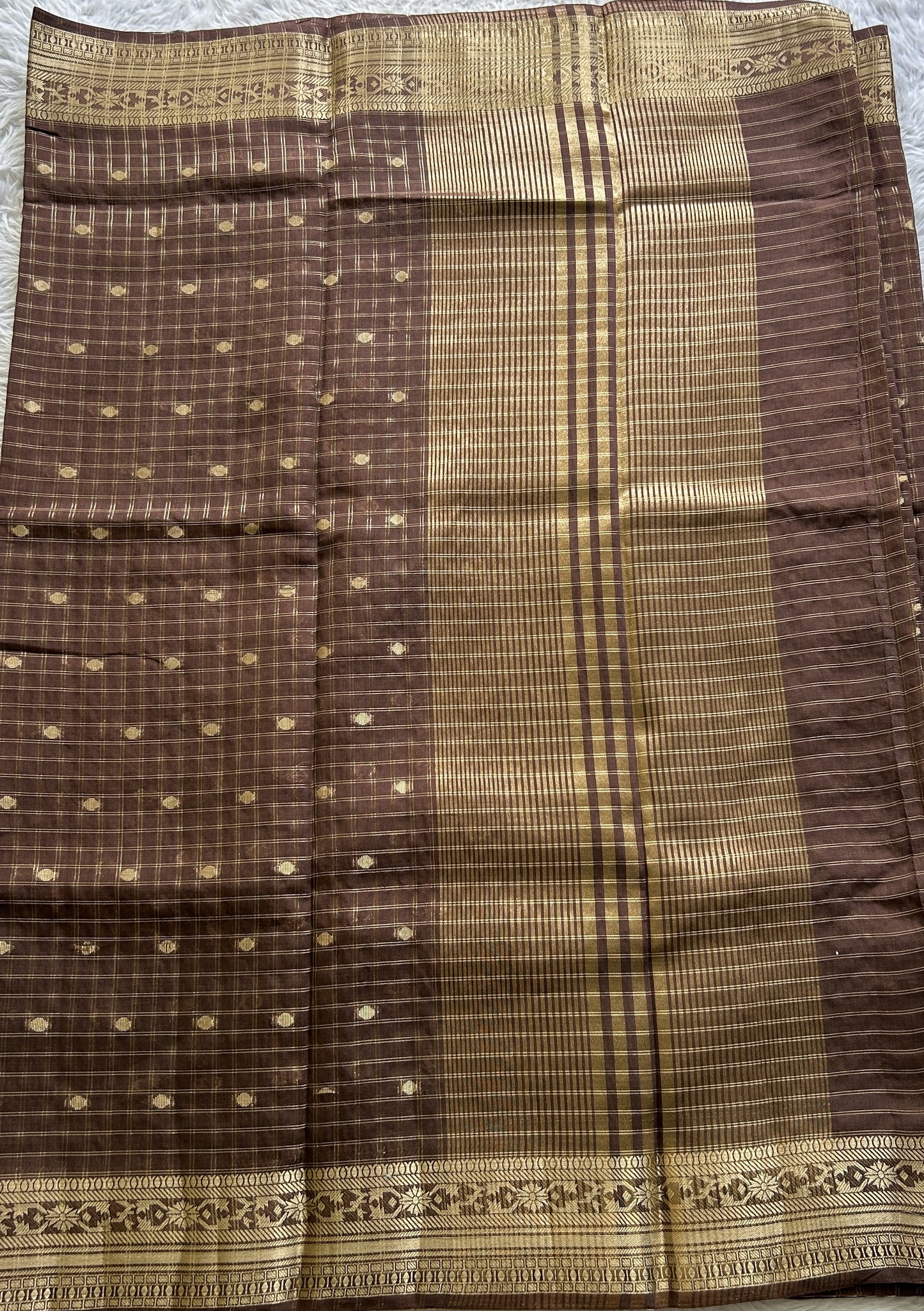 Semi Georgette Saree Brown Colored Complemented with a Zari Border. - Sampradaya Designer Studio