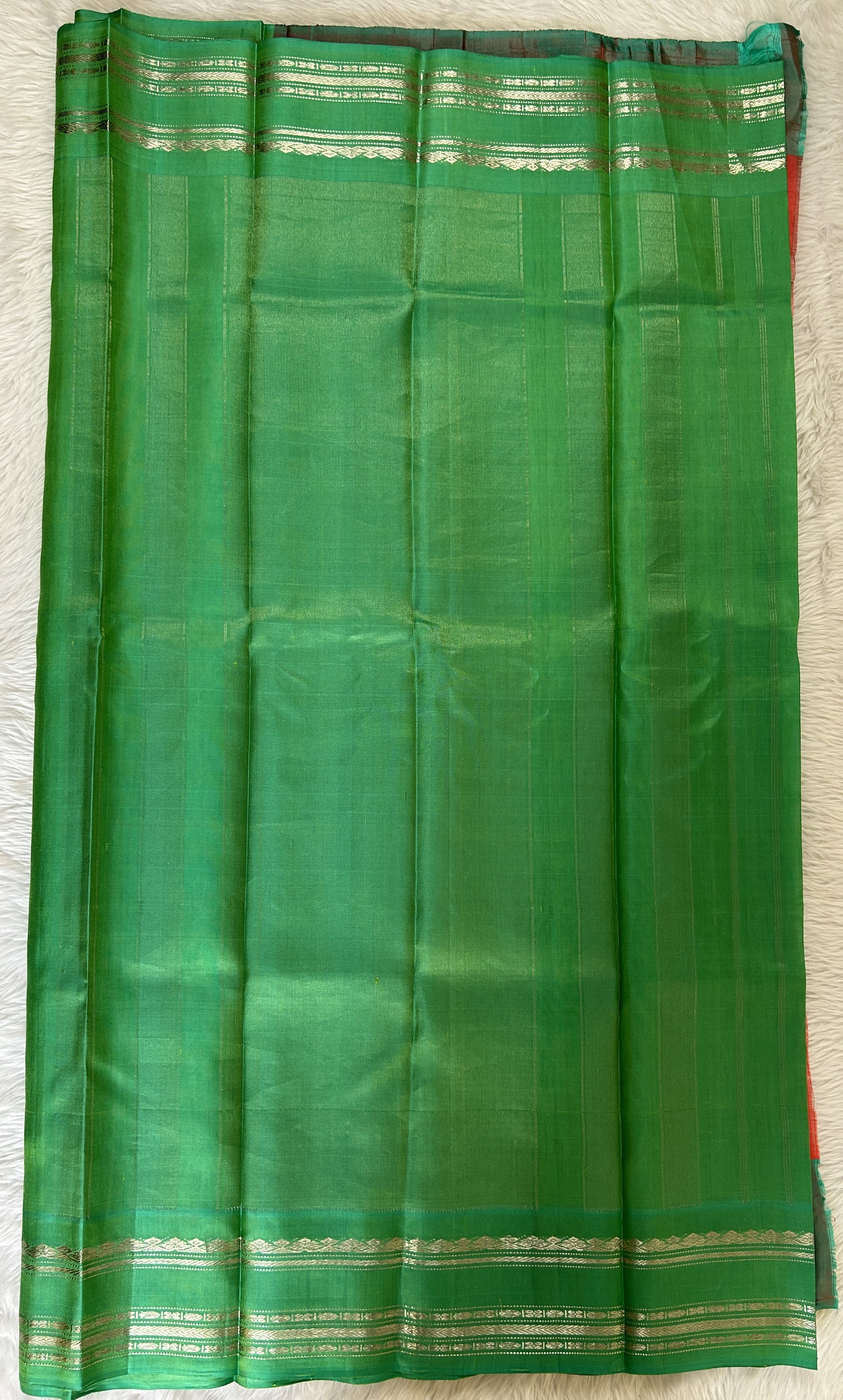 Gadwal Pattu Saree Dark Peach Colored Complemented With a Pattu Green Color Kanchi Gap Border - Sampradaya Designer Studio