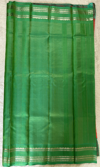 Gadwal Pattu Saree Dark Peach Colored Complemented With a Pattu Green Color Kanchi Gap Border - Sampradaya Designer Studio