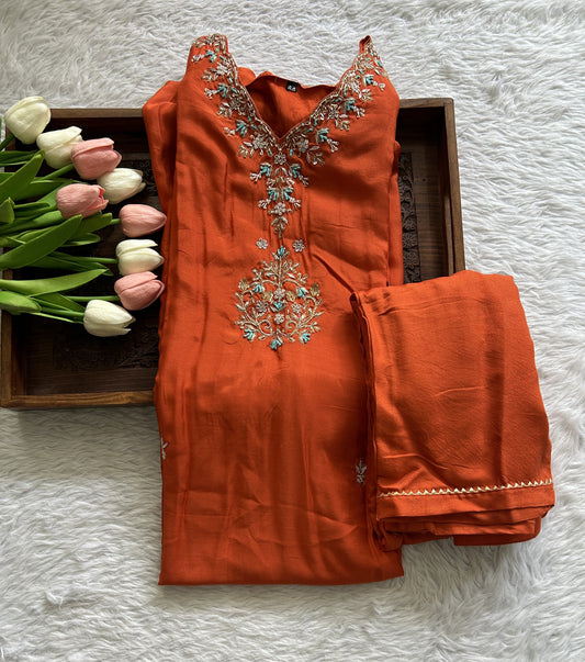 Cotton Silk Kurti Set Orange Colored With a Embroidery Work . - Sampradaya Designer Studio