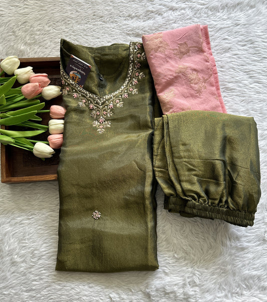 Tissue Kurti Set Olive Green Colored With a Embroidery Work . - Sampradaya Designer Studio