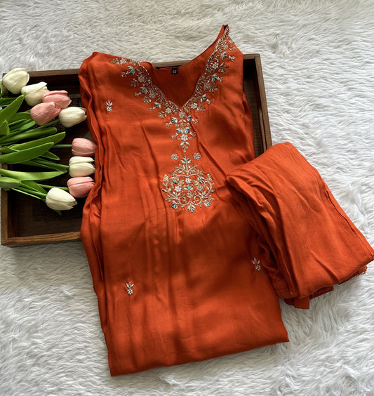 Muslin Kurti Set Orange Colored With a Embroidery Work . - Sampradaya Designer Studio