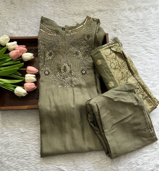 Muslin Kurti Set Green Colored With a Embroidery Work . - Sampradaya Designer Studio