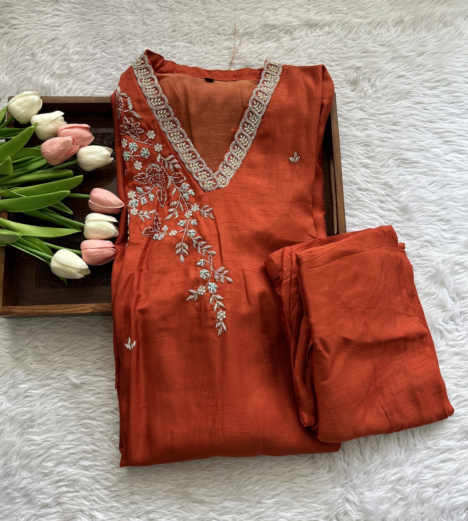 Cotton Silk Kurti Set Orange Colored With a Embroidery Work . - Sampradaya Designer Studio