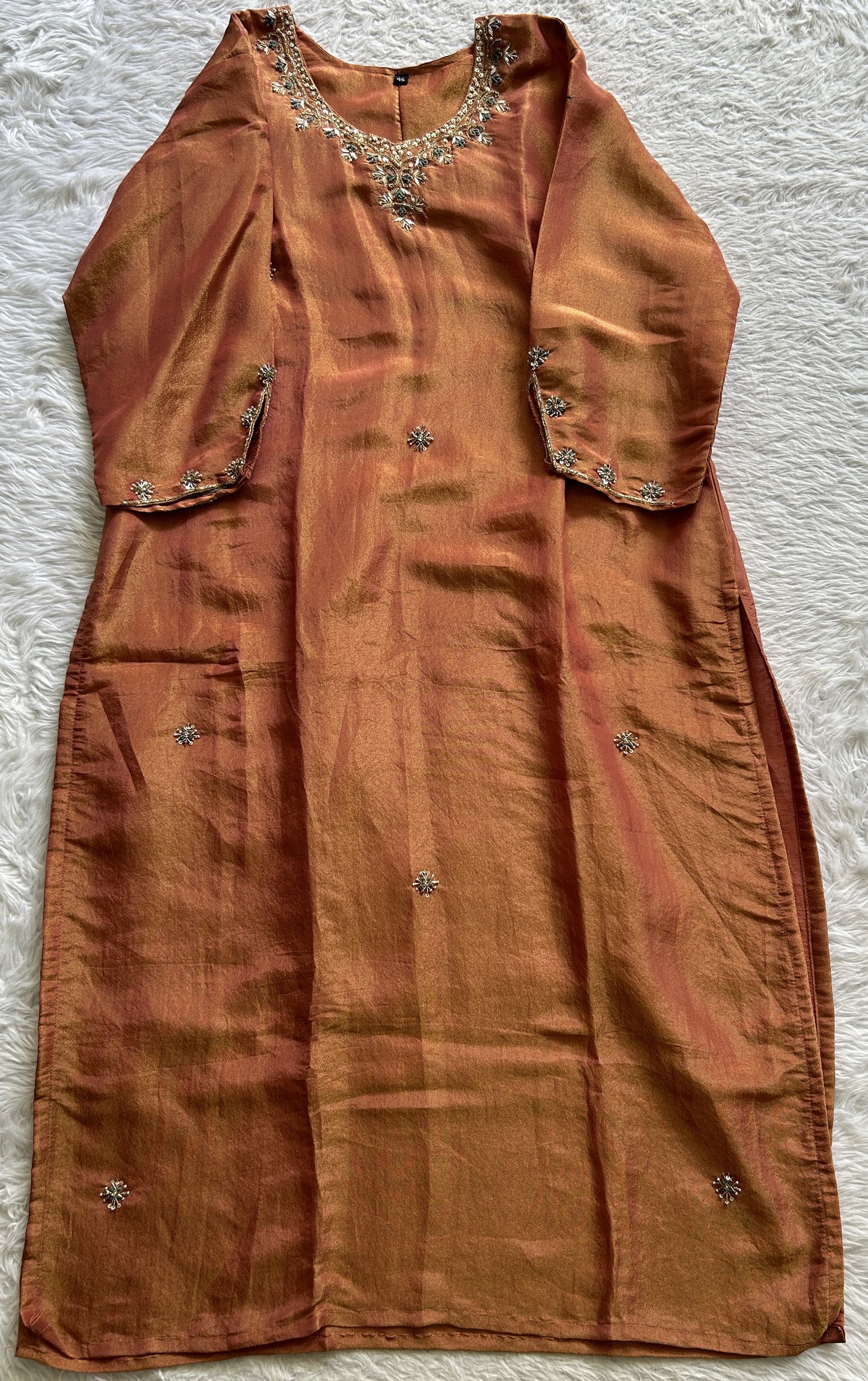 Tissue Kurti Rust Orange Colored With a Embroidery Work . - Sampradaya Designer Studio