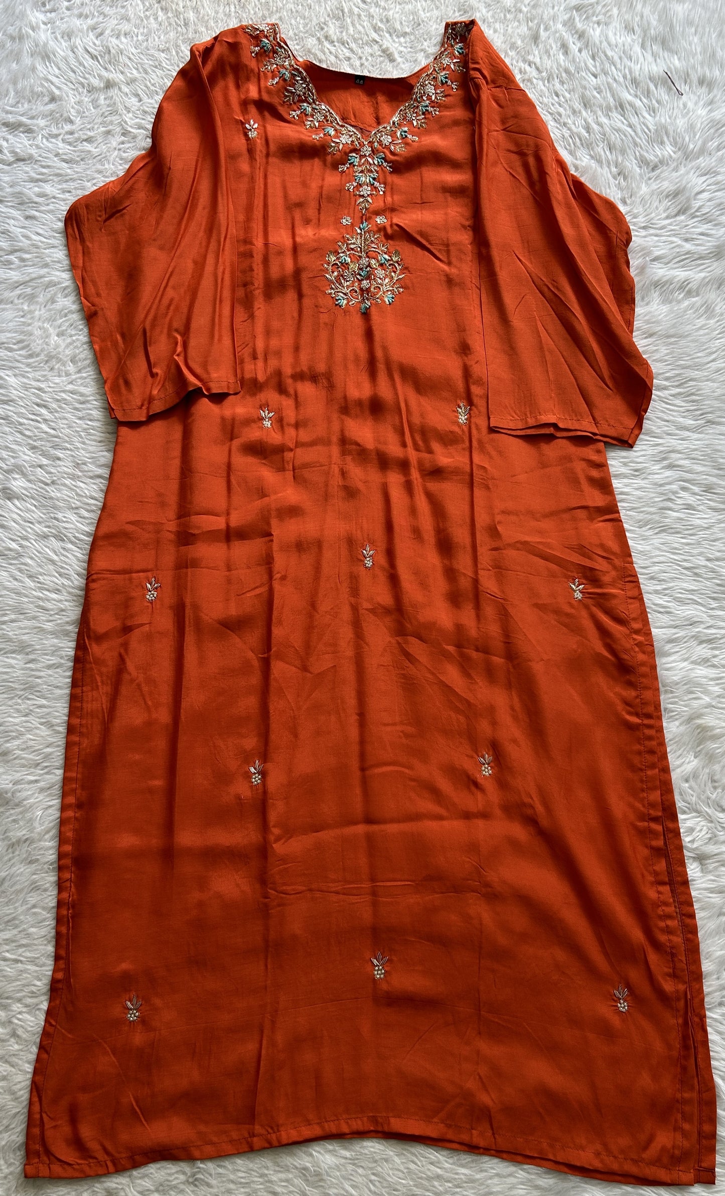 Cotton Silk Kurti Set Orange Colored With a Embroidery Work . - Sampradaya Designer Studio