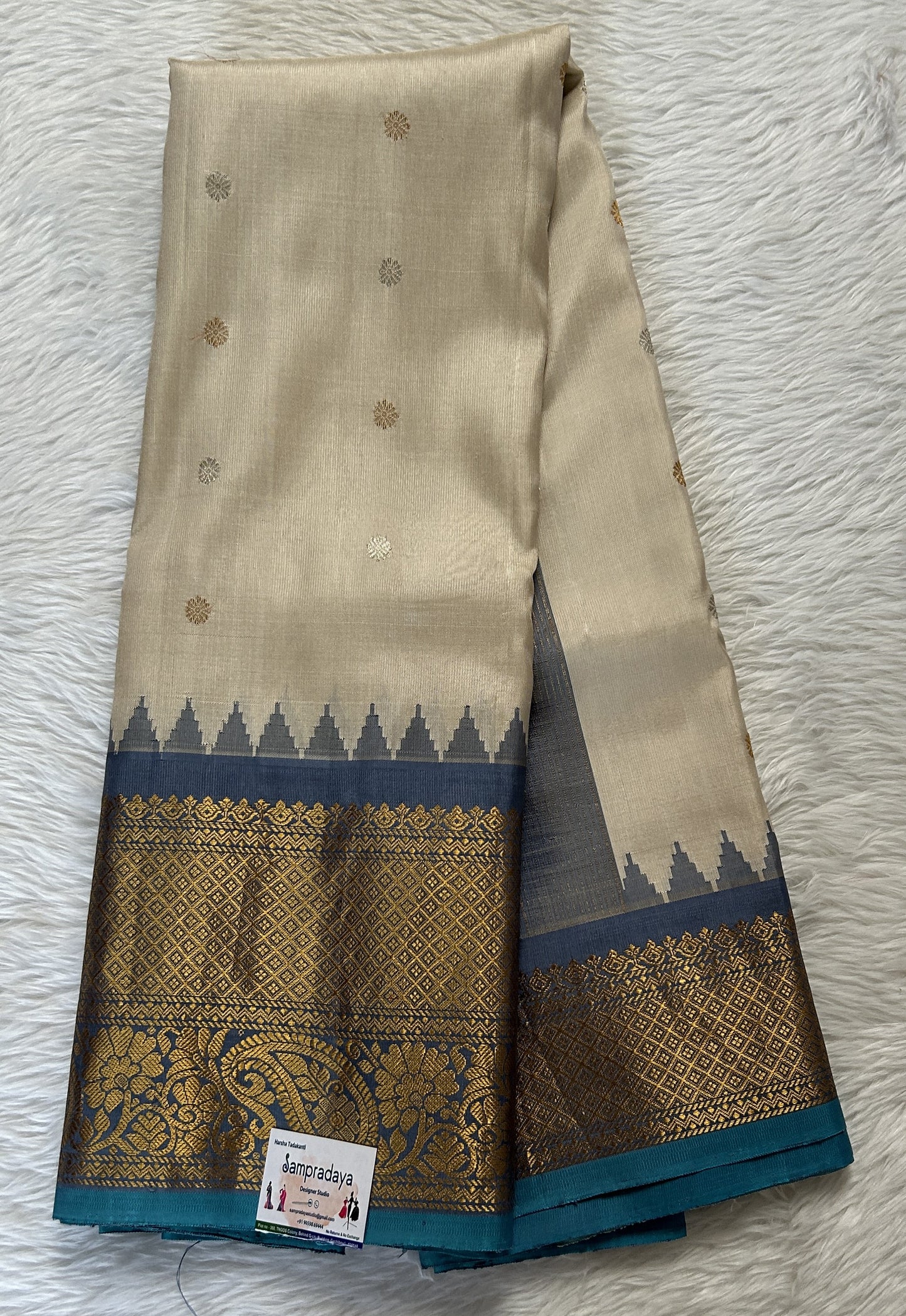 Gadwal Pattu Cream Colored Saree Complemented With a Pattu Bluish Gray Color Kanchi Border - Sampradaya Designer Studio