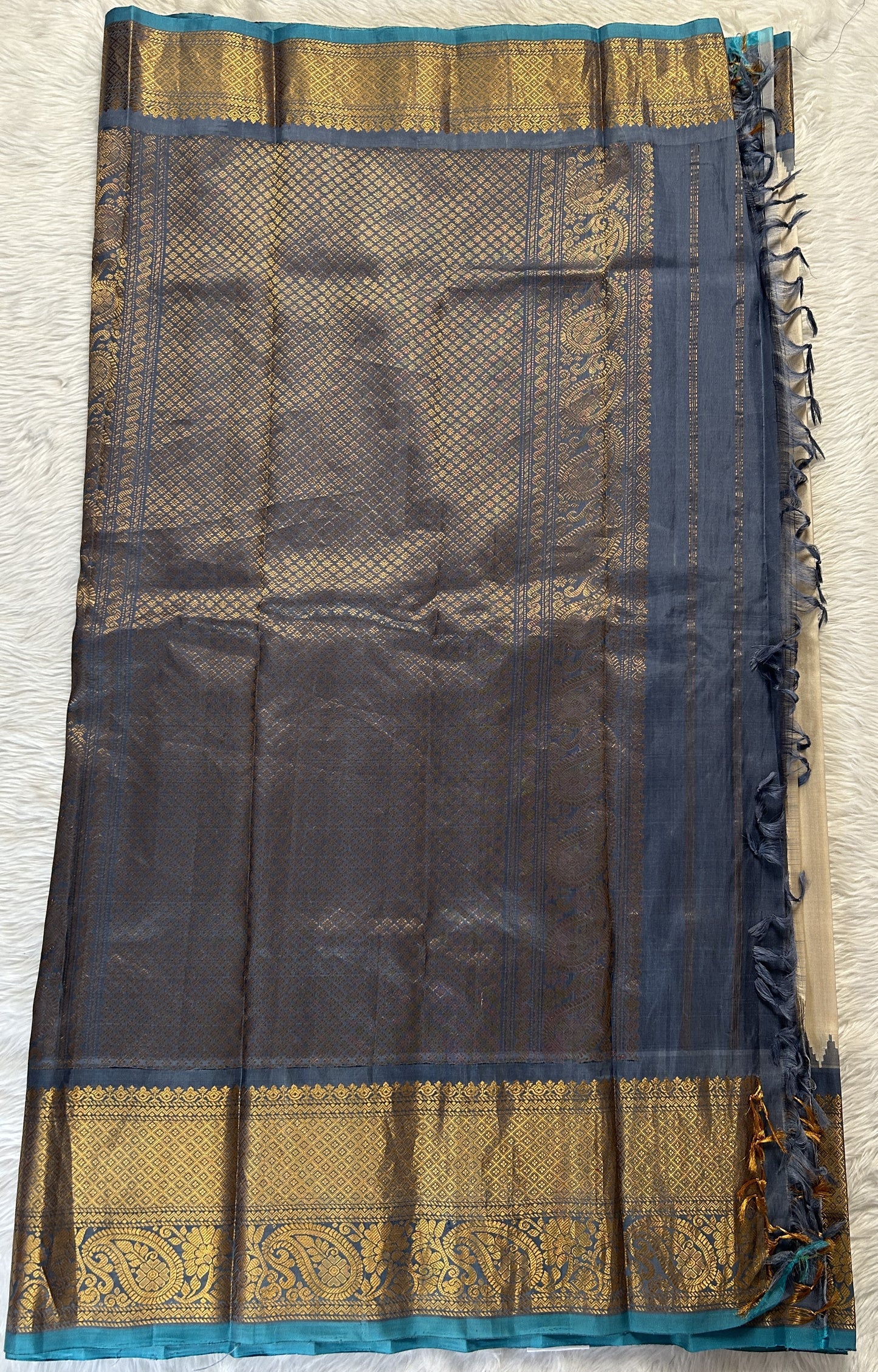 Gadwal Pattu Cream Colored Saree Complemented With a Pattu Bluish Gray Color Kanchi Border - Sampradaya Designer Studio