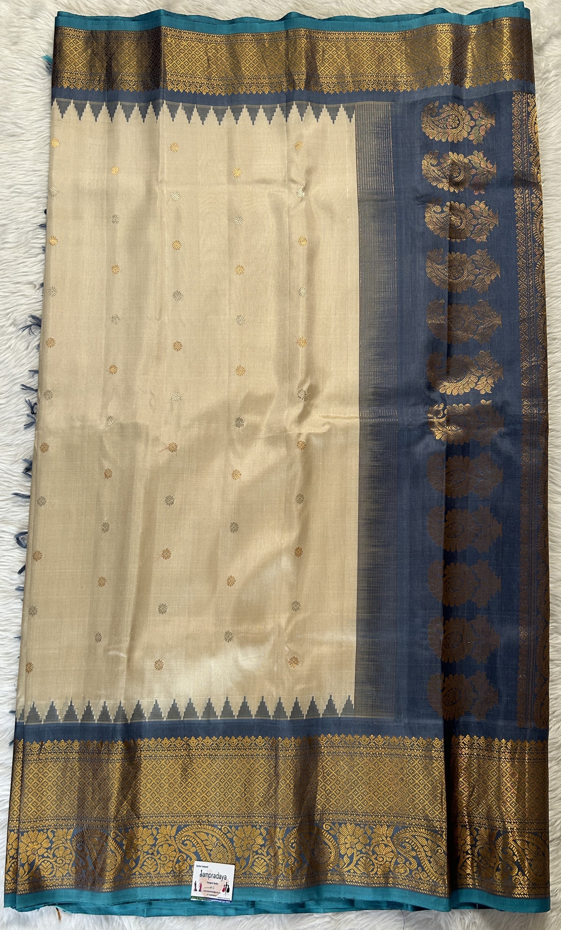 Gadwal Pattu Cream Colored Saree Complemented With a Pattu Bluish Gray Color Kanchi Border - Sampradaya Designer Studio