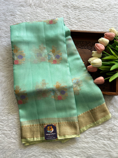 Silk kota Saree Sea Green color complemented with a Zari Border. - Sampradaya Designer Studio