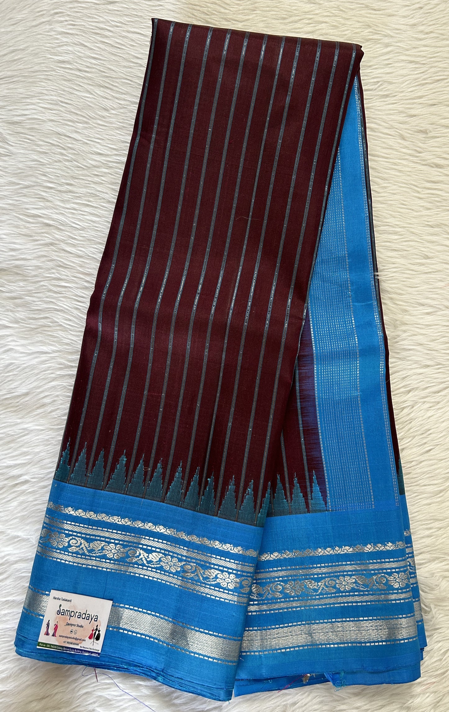 Gadwal Pattu Brown Colored Saree Complemented With a Pattu Blue Color Kanchi Border - Sampradaya Designer Studio