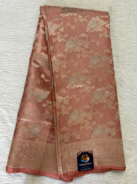 Banarasi Katan Silk Saree Peach colored Saree complemented with a Light Gold Zari border. - Sampradaya Designer Studio