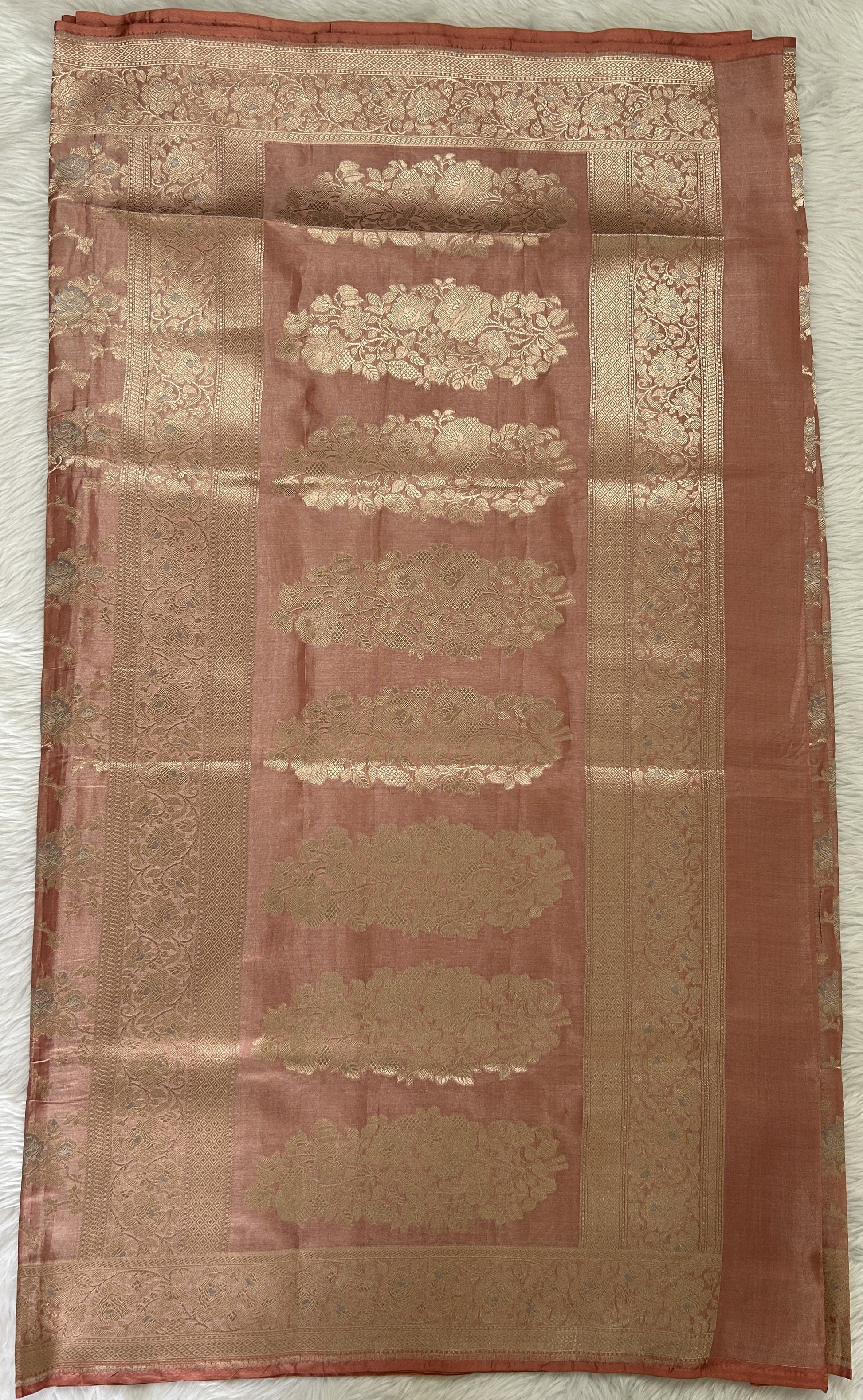 Banarasi Katan Silk Saree Peach colored Saree complemented with a Light Gold Zari border. - Sampradaya Designer Studio