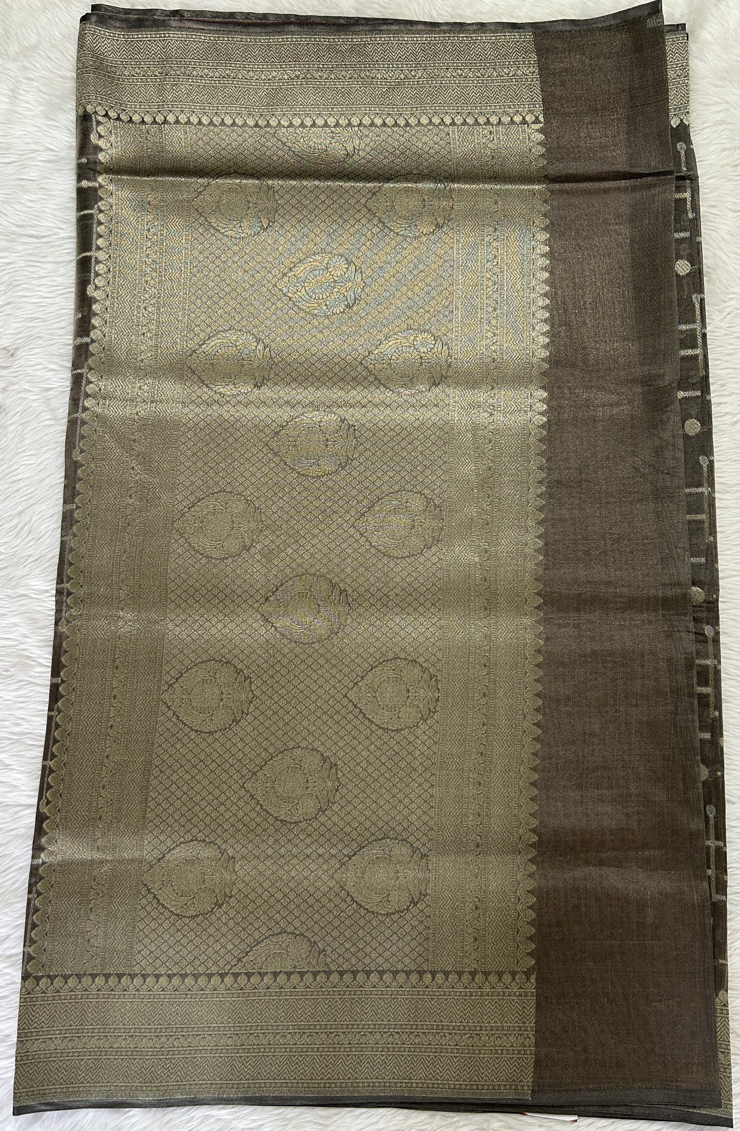 Banarasi Katan Silk Saree Gray colored Saree complemented with a Light Gold Zari border. - Sampradaya Designer Studio