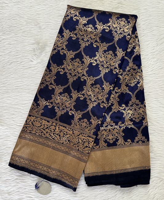 Banarasi Katan Silk Saree Navy Blue colored Saree complemented with a Gold Zari border. - Sampradaya Designer Studio