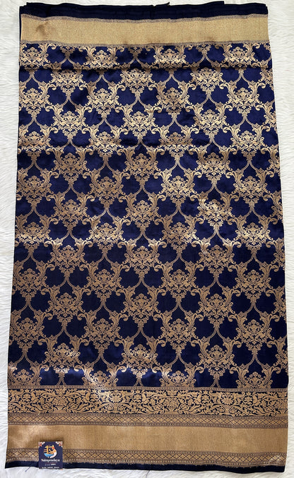 Banarasi Katan Silk Saree Navy Blue colored Saree complemented with a Gold Zari border. - Sampradaya Designer Studio