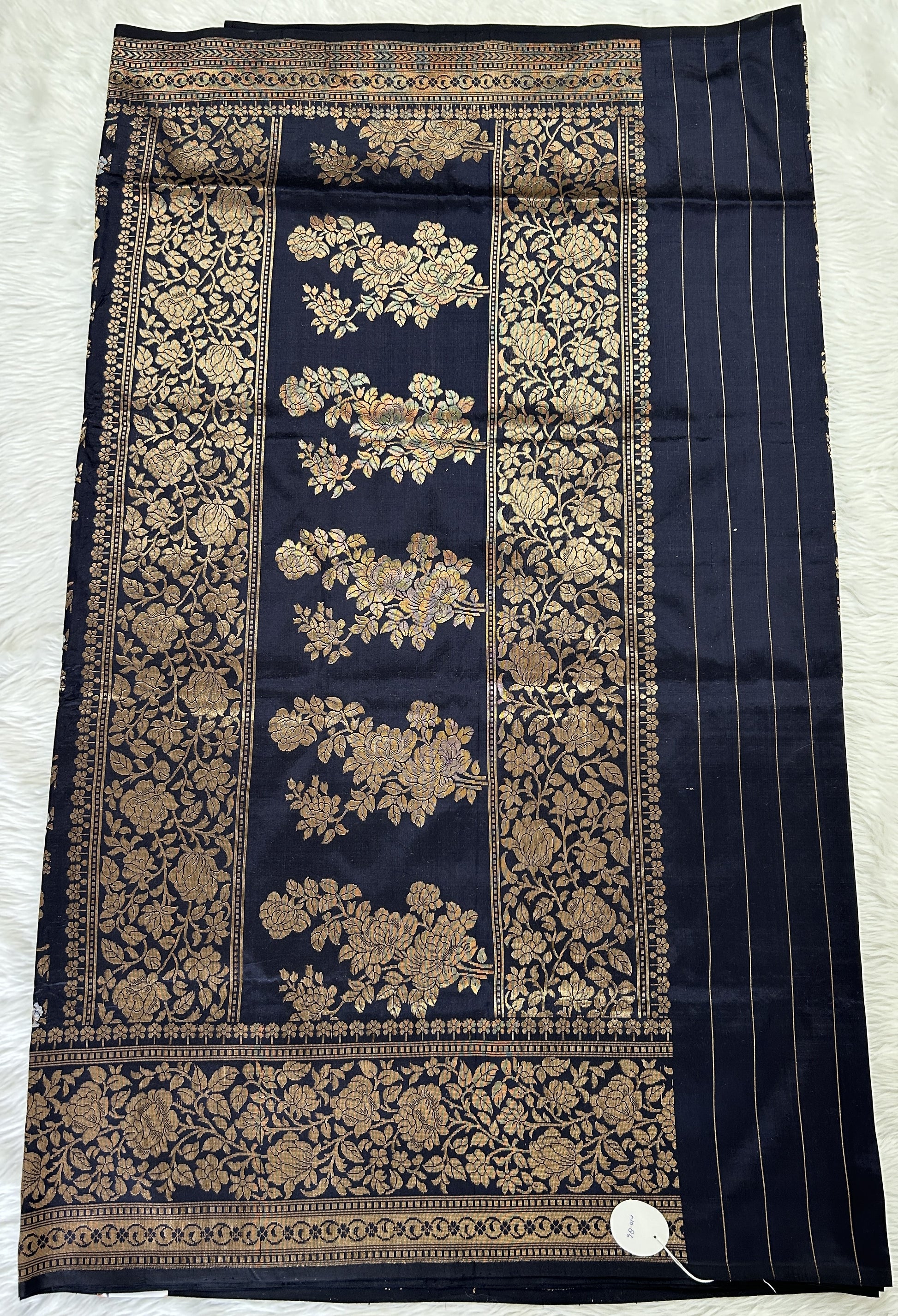 Banarasi Katan Silk Saree Dark Indigo Blue colored Saree complemented with a Gold Zari border. - Sampradaya Designer Studio