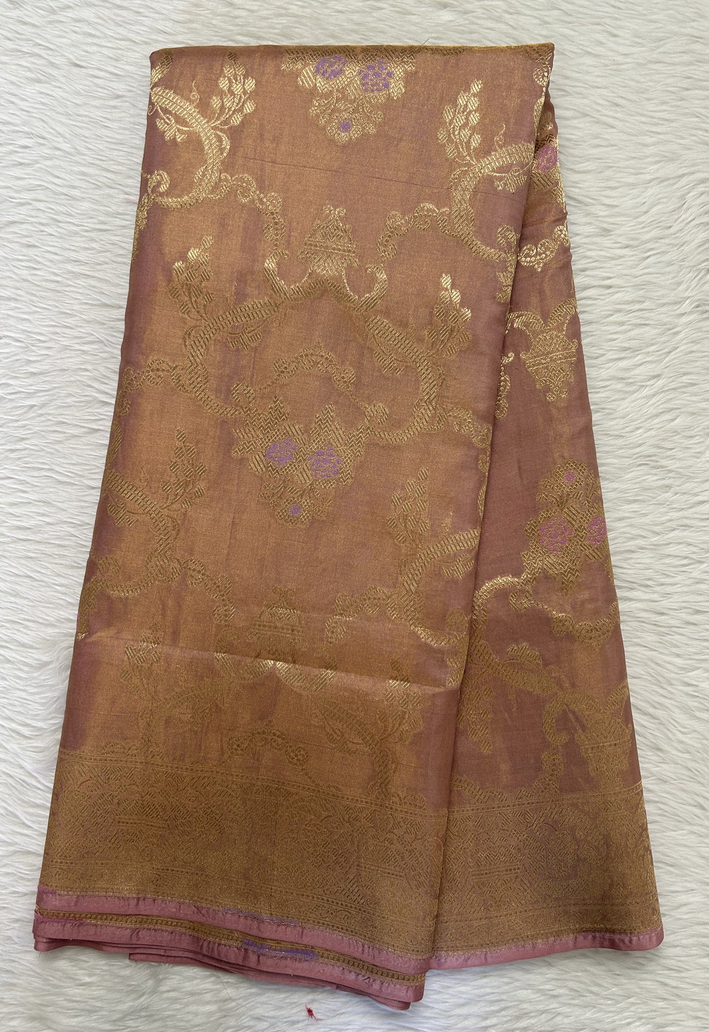 Banarasi Katan Silk Saree Light Peach colored Saree complemented with a Gold Zari border. - Sampradaya Designer Studio