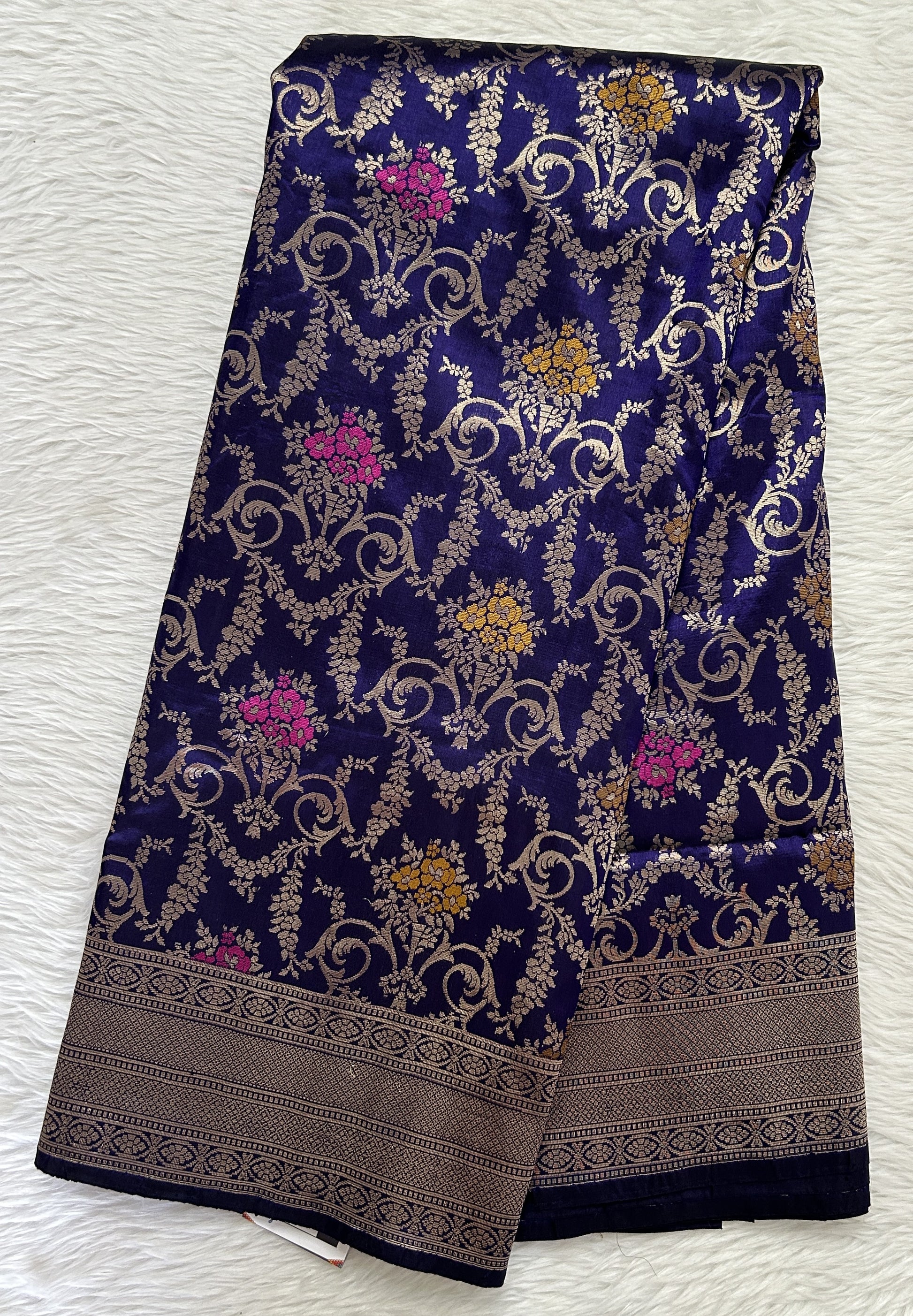 Banarasi Katan Silk Saree Dark Blue colored Saree complemented with a Gold Zari border. - Sampradaya Designer Studio