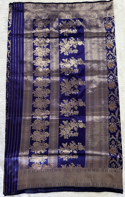 Banarasi Katan Silk Saree Dark Blue colored Saree complemented with a Gold Zari border. - Sampradaya Designer Studio