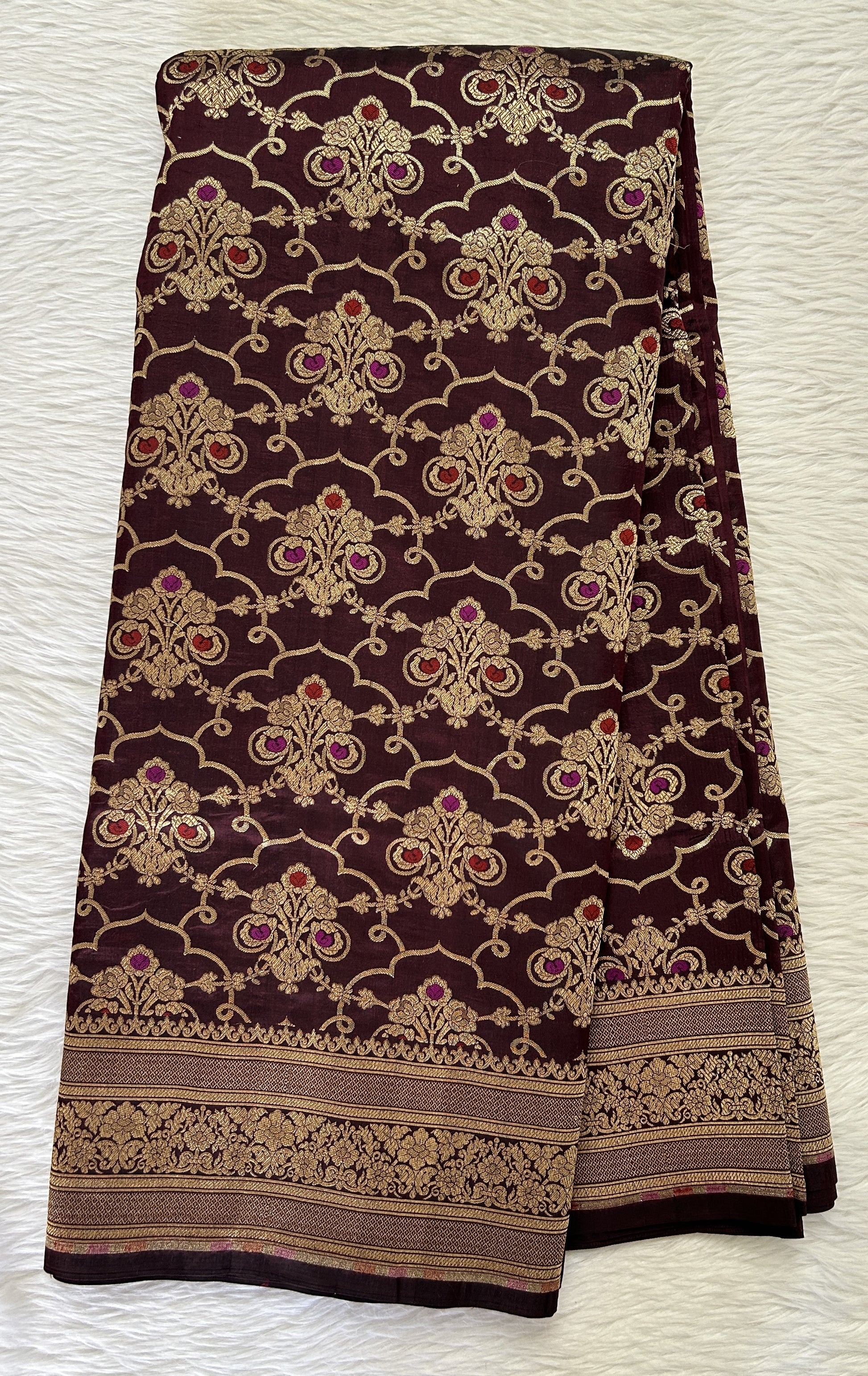 Banarasi Katan Silk Saree Brown colored Saree complemented with a Gold Zari border. - Sampradaya Designer Studio