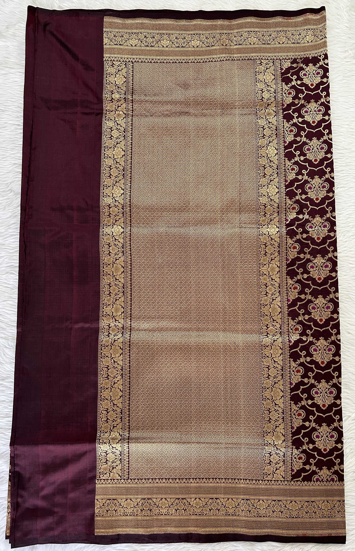 Banarasi Katan Silk Saree Brown colored Saree complemented with a Gold Zari border. - Sampradaya Designer Studio