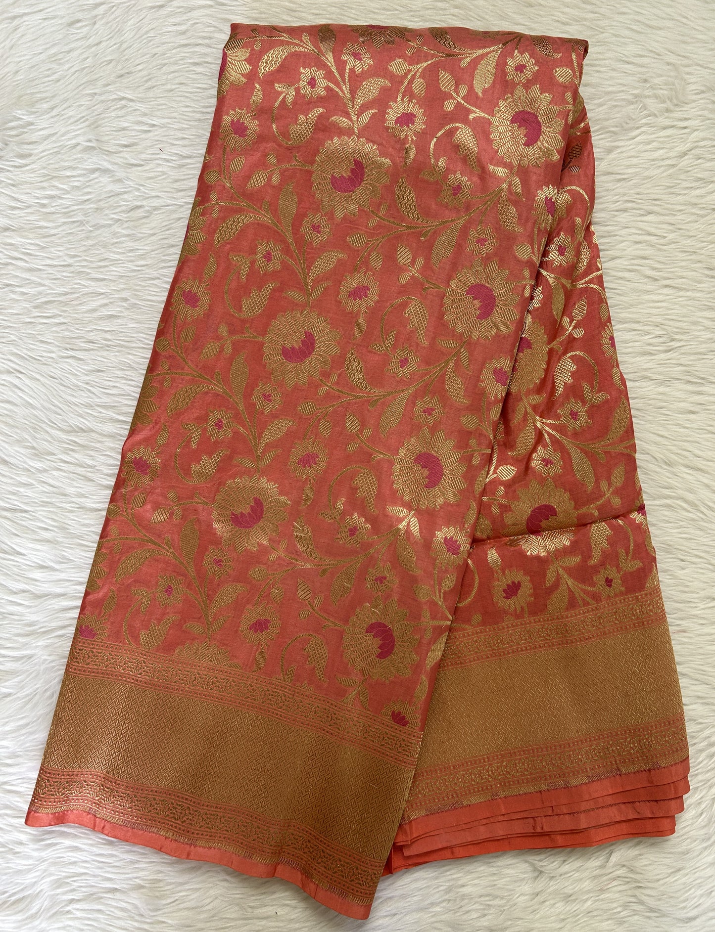 Banarasi Katan Silk Saree Peach colored Saree complemented with a Gold Zari border. - Sampradaya Designer Studio