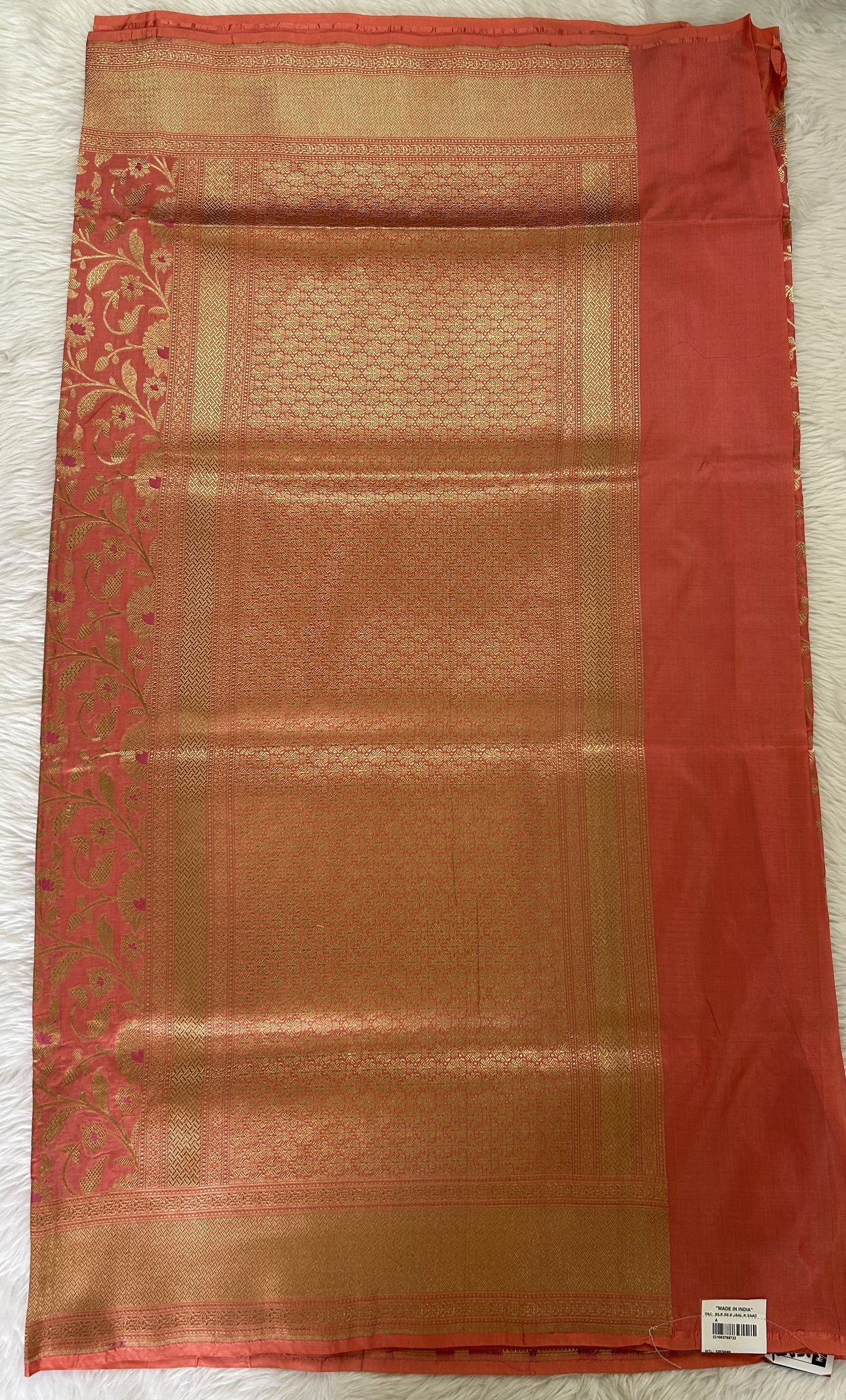 Banarasi Katan Silk Saree Peach colored Saree complemented with a Gold Zari border. - Sampradaya Designer Studio