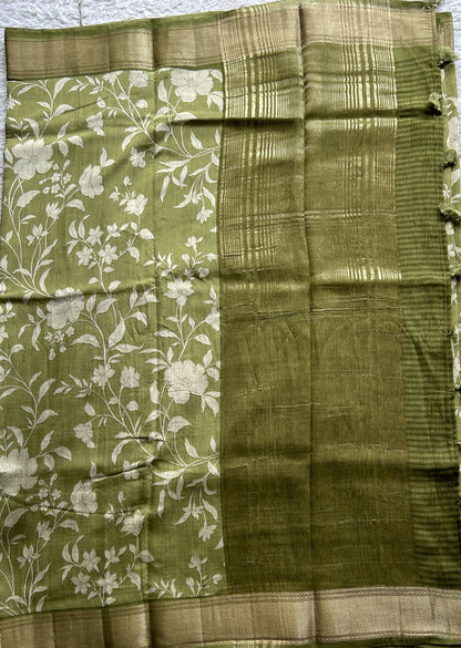 Dola Crepe Saree Olive Green Colored Complemented with a Zari Border. - Sampradaya Designer Studio