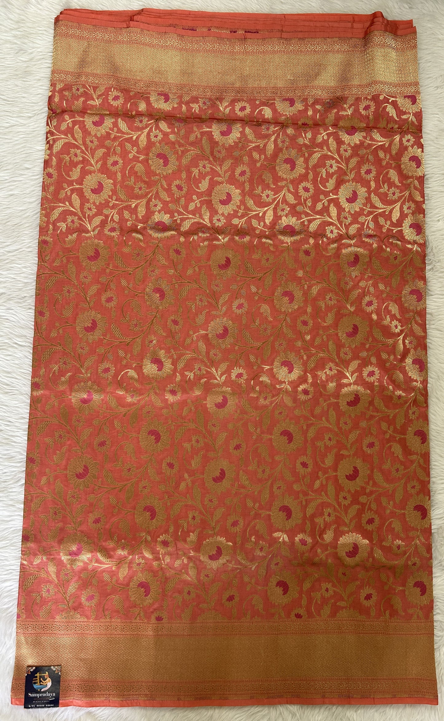 Banarasi Katan Silk Saree Peach colored Saree complemented with a Gold Zari border. - Sampradaya Designer Studio