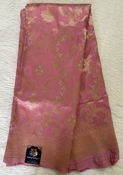 Banarasi Katan Silk Saree Pastel Pink colored Saree complemented with a Light Gold Zari border. - Sampradaya Designer Studio