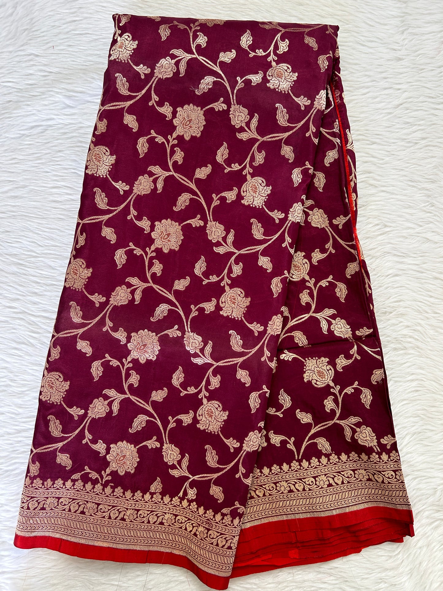 Banarasi Katan Silk Saree Dark Magenta colored Saree complemented with a Light Gold Zari border. - Sampradaya Designer Studio