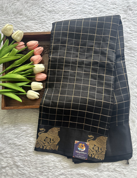 Raw Mango or Pooniya Silk Saree Black Colored Complemented With a Zari Border - Sampradaya Designer Studio