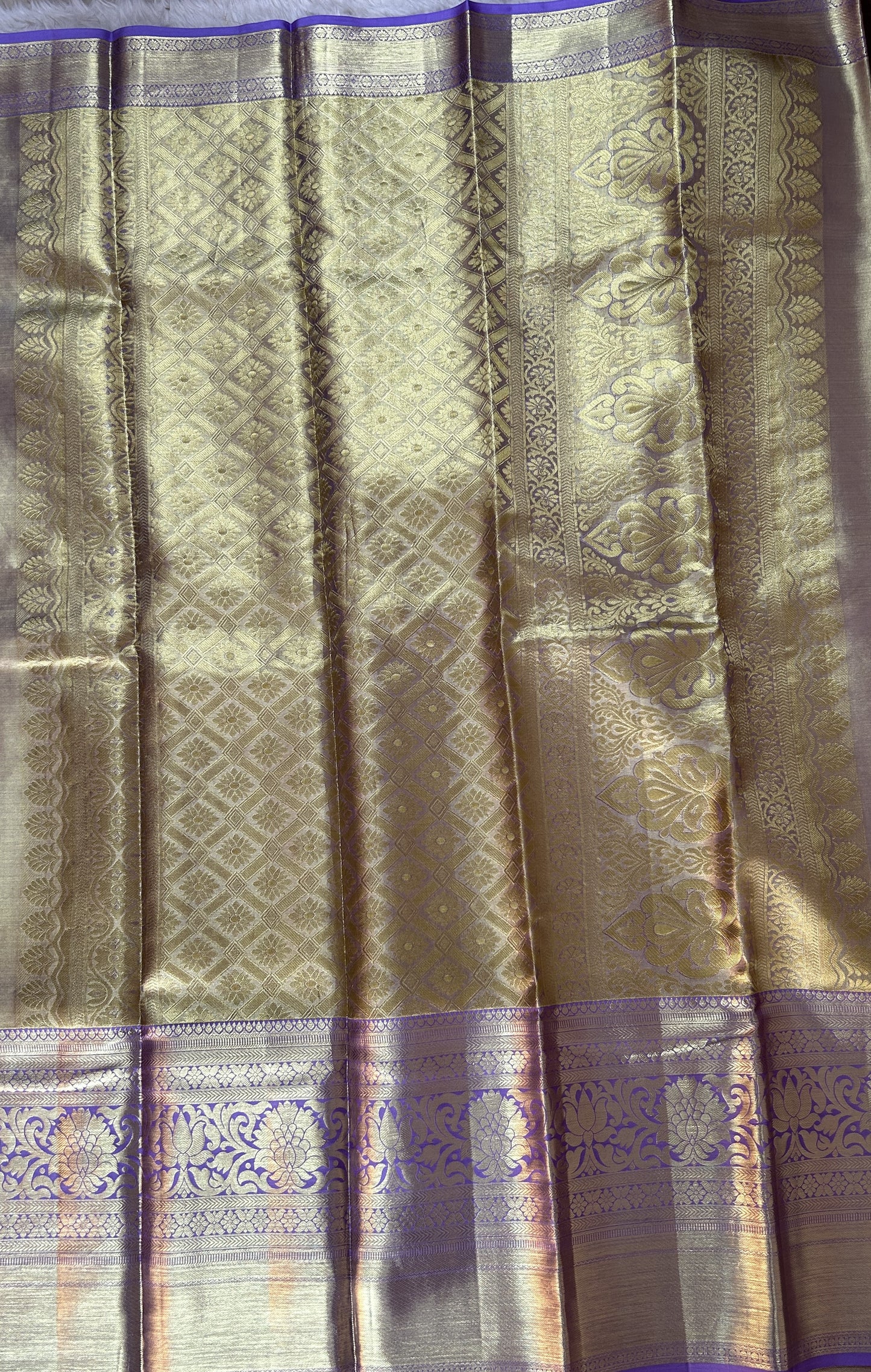 Kanjivaram Bridal Silk Saree Gold colored Saree complemented with a Lavender Colored Kanchi border. - Sampradaya Designer Studio