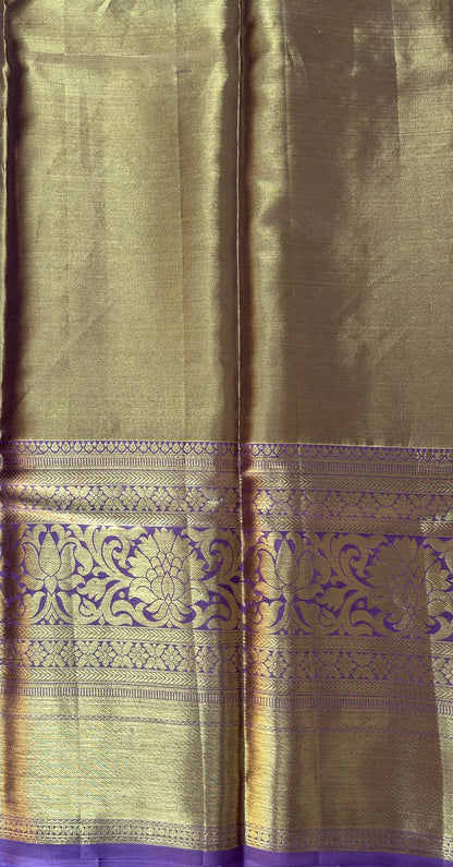 Kanjivaram Bridal Silk Saree Gold colored Saree complemented with a Lavender Colored Kanchi border. - Sampradaya Designer Studio