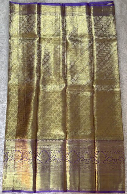 Kanjivaram Bridal Silk Saree Gold colored Saree complemented with a Lavender Colored Kanchi border. - Sampradaya Designer Studio