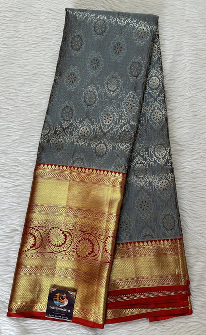 Kanjivaram Bridal Silk Saree Gray colored Saree complemented with a Red Colored Gold Kanchi border. - Sampradaya Designer Studio