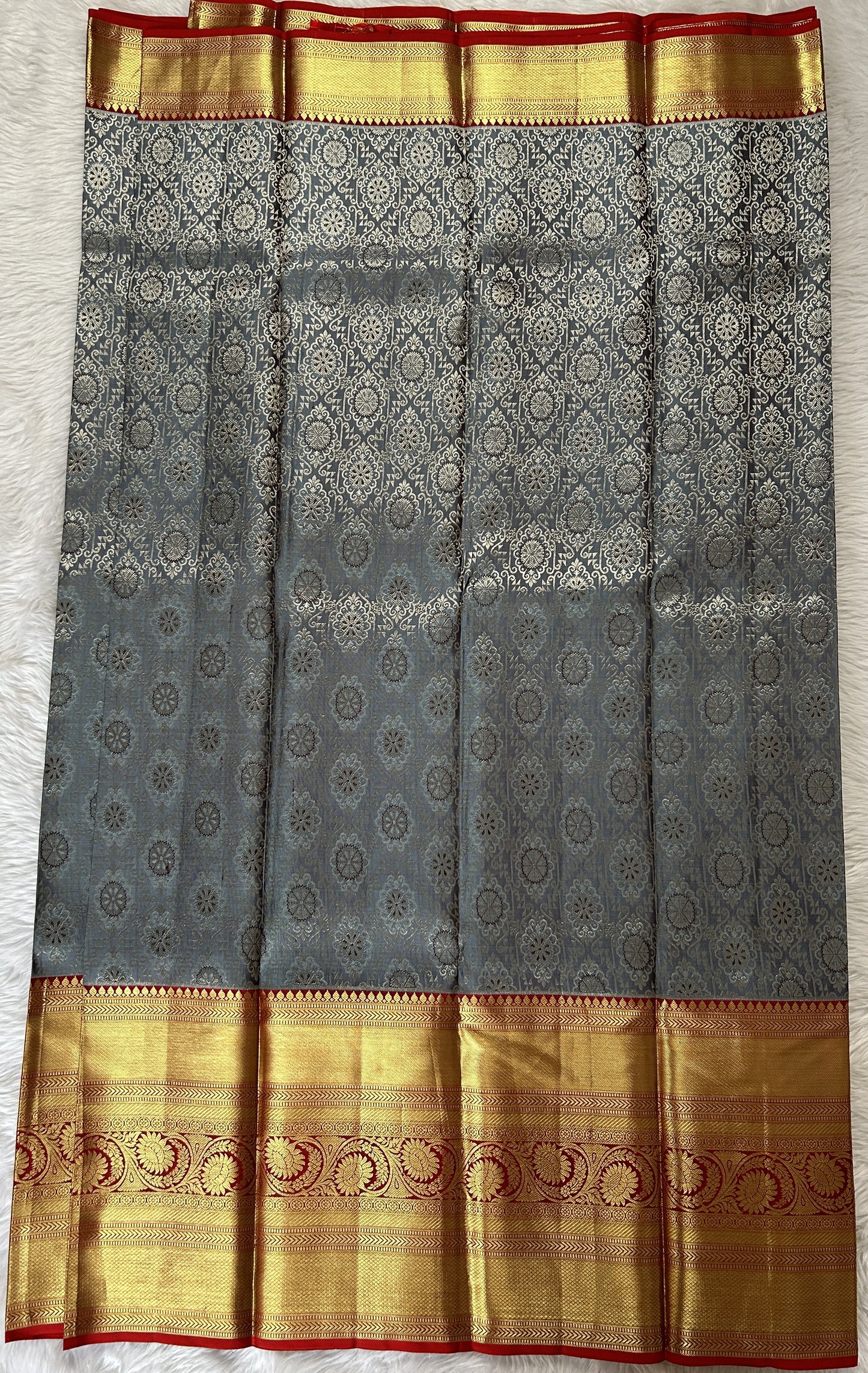 Kanjivaram Bridal Silk Saree Gray colored Saree complemented with a Red Colored Gold Kanchi border. - Sampradaya Designer Studio