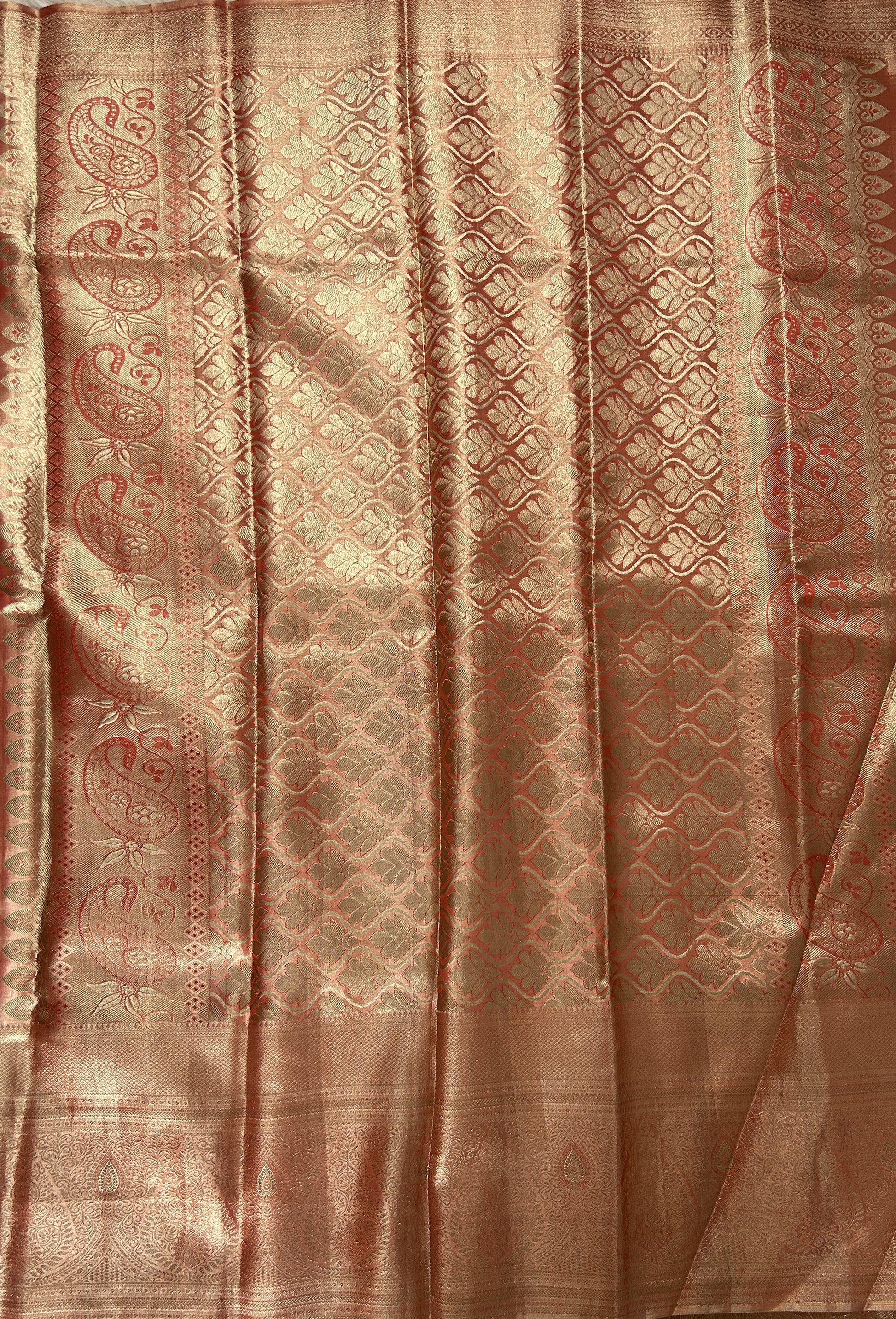 Kanjivaram Bridal Silk Saree Peach colored allover Weaving Saree complemented with a Gold Kanchi border. - Sampradaya Designer Studio