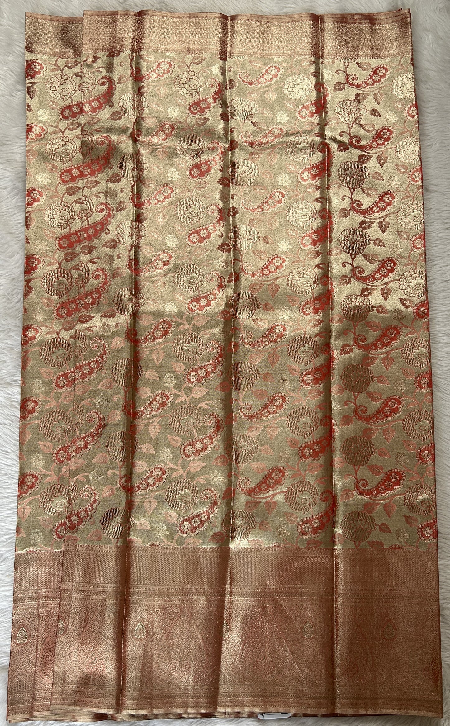 Kanjivaram Bridal Silk Saree Peach colored allover Weaving Saree complemented with a Gold Kanchi border. - Sampradaya Designer Studio