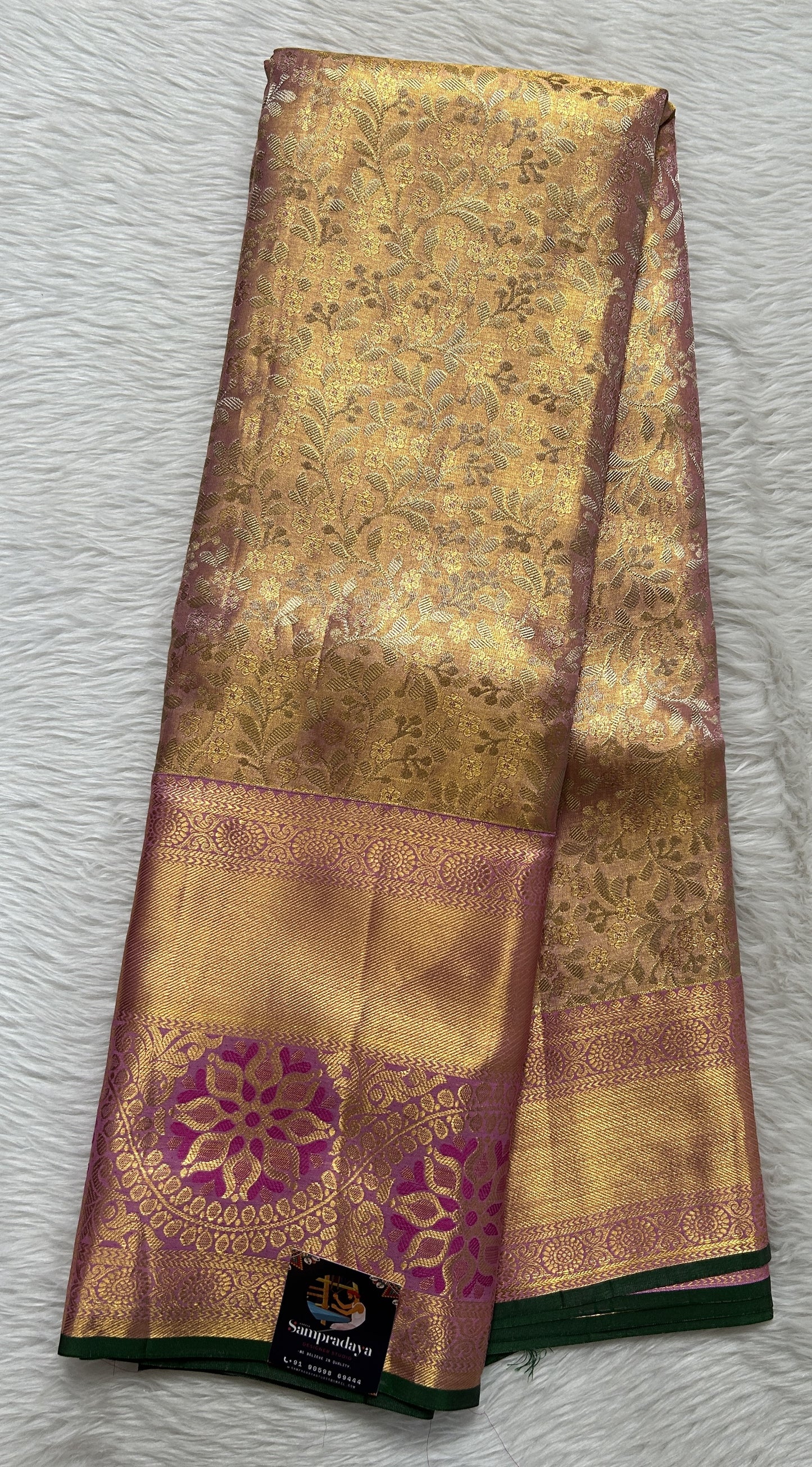 Kanjivaram Bridal Silk Saree Peach colored allover Weaving Saree complemented with a Lavender Colored Kanchi border. - Sampradaya Designer Studio