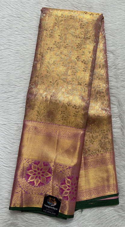 Kanjivaram Bridal Silk Saree Peach colored allover Weaving Saree complemented with a Lavender Colored Kanchi border. - Sampradaya Designer Studio