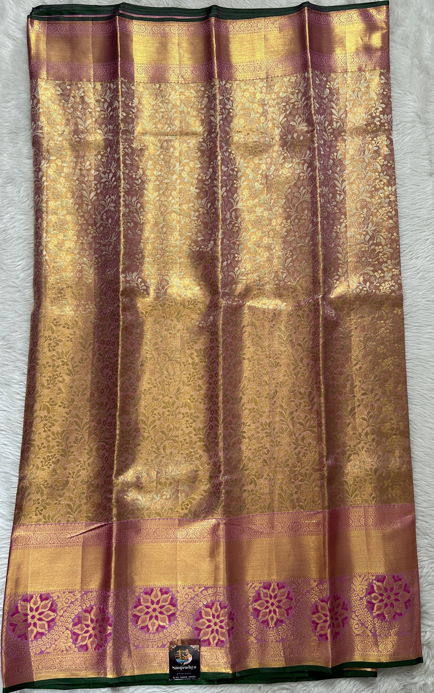 Kanjivaram Bridal Silk Saree Peach colored allover Weaving Saree complemented with a Lavender Colored Kanchi border. - Sampradaya Designer Studio