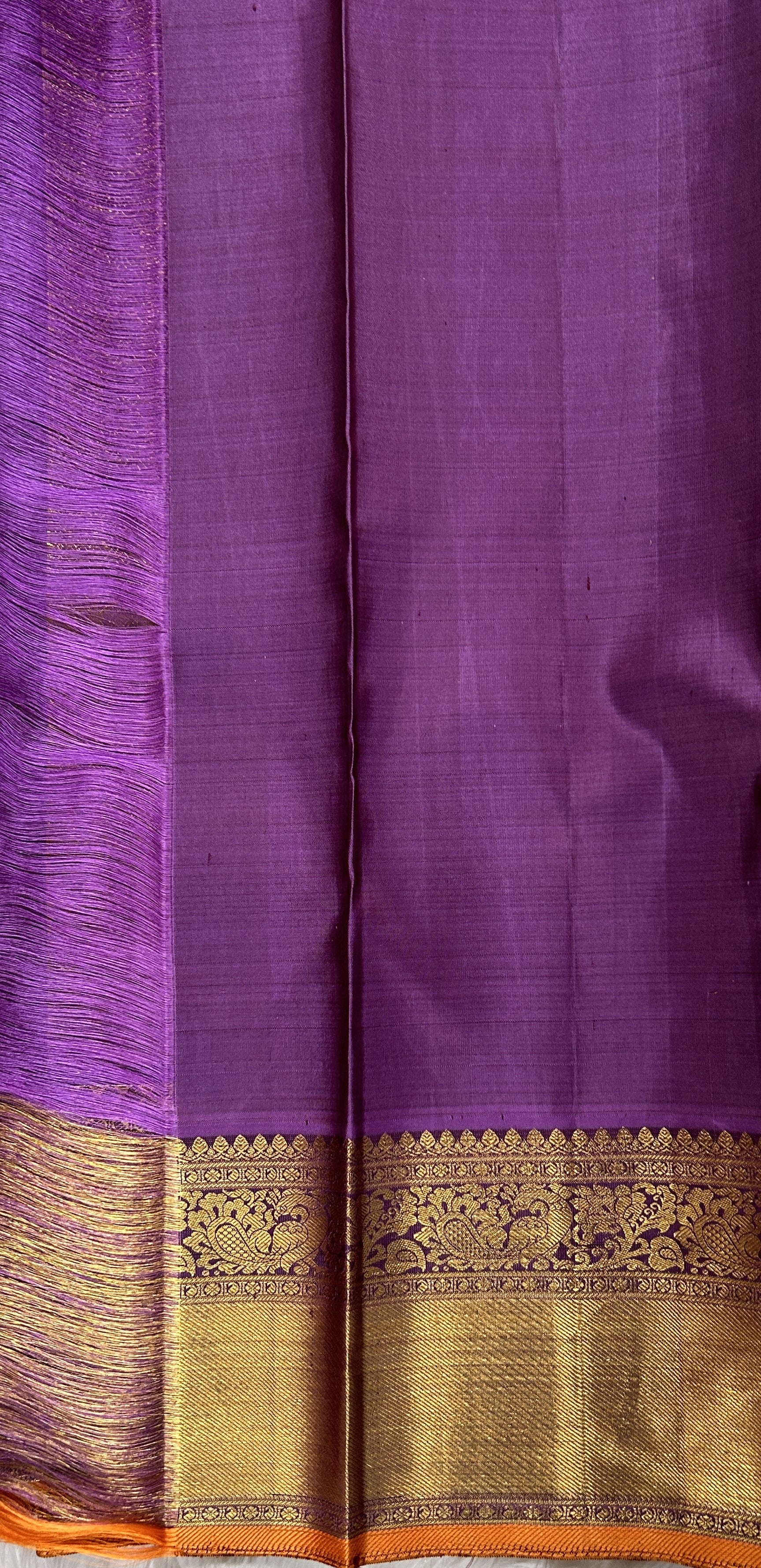 Kanjivaram Bridal Silk Saree Beige colored Saree complemented with a Purple Colored Gold Kanchi border. - Sampradaya Designer Studio