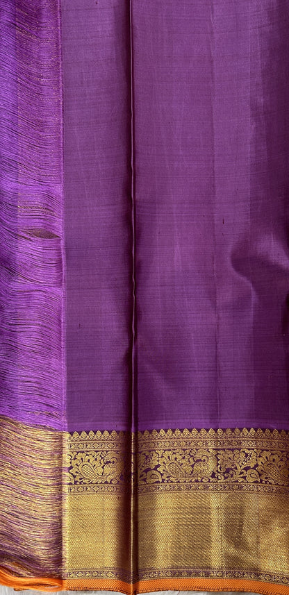 Kanjivaram Bridal Silk Saree Beige colored Saree complemented with a Purple Colored Gold Kanchi border. - Sampradaya Designer Studio