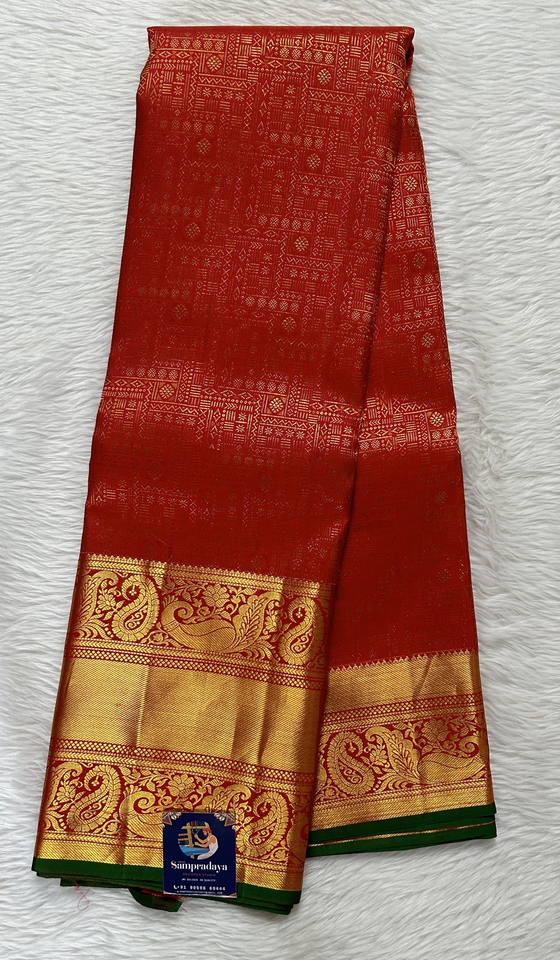 Kanjivaram Bridal Silk Saree Dark Red colored Saree complemented with a Gold Kanchi border. - Sampradaya Designer Studio