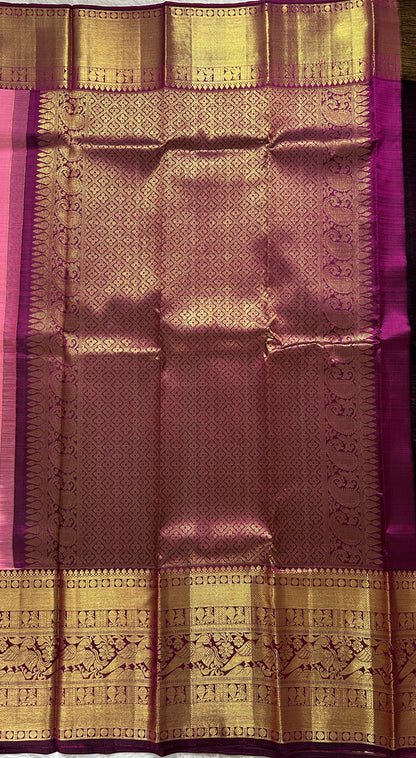 Kanjivaram Festive Silk Saree Pastel Pink colored Saree complemented with a Dark Purple Colored Gold Kanchi border. - Sampradaya Designer Studio